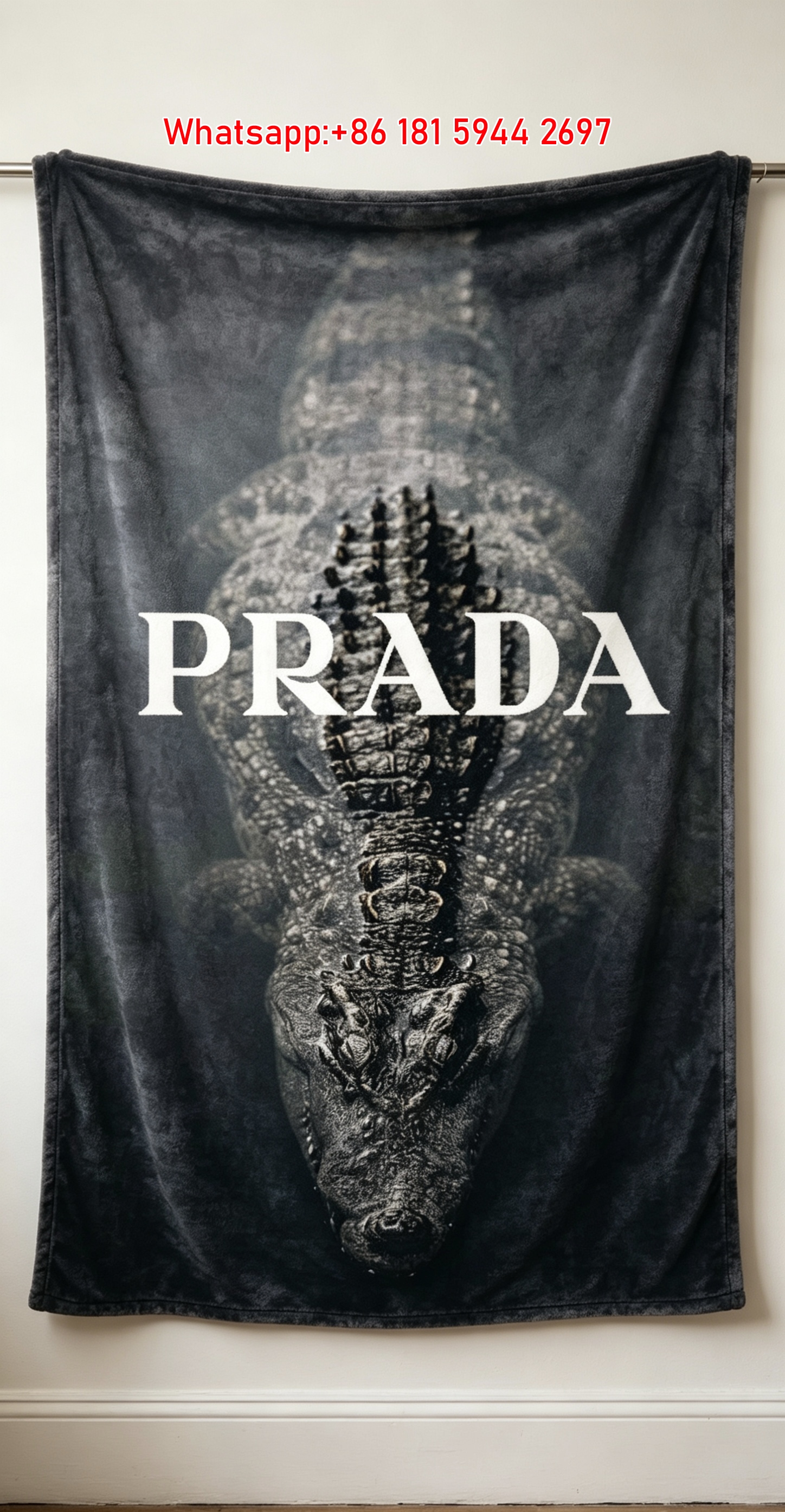 Prada Dark Gray Crocodile Print Flannel Throw Blanket IMG_2801